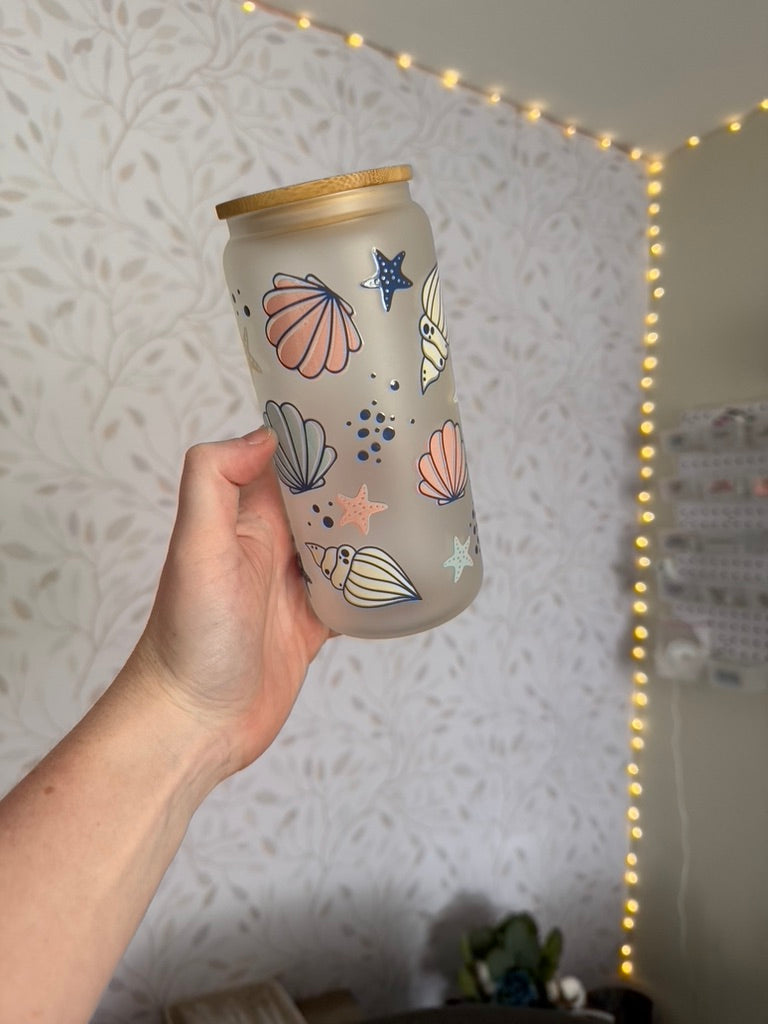 Seashells | UVDTF | 20 oz Libbey Can Glass with Bamboo Lid & Straw