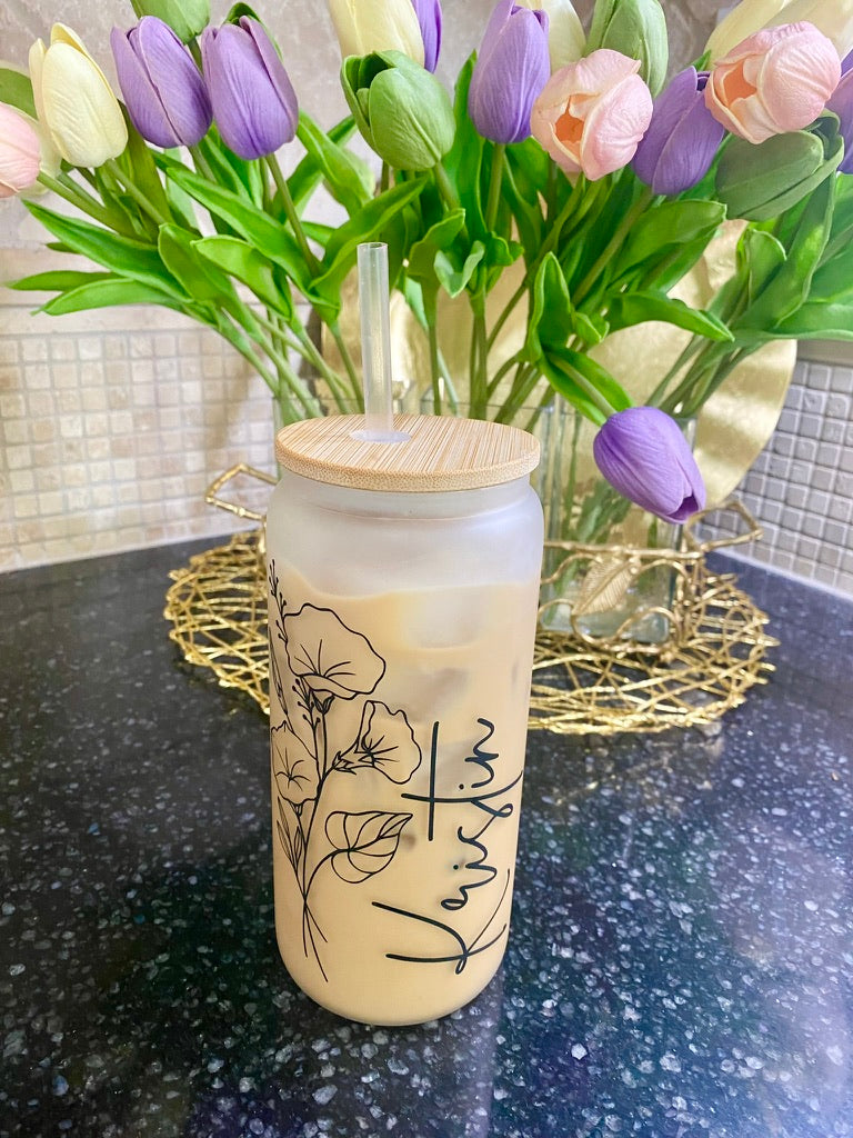 Personalized Birth Flower | UVDTF | 20 oz Libbey Can Glass with Bamboo Lid & Straw