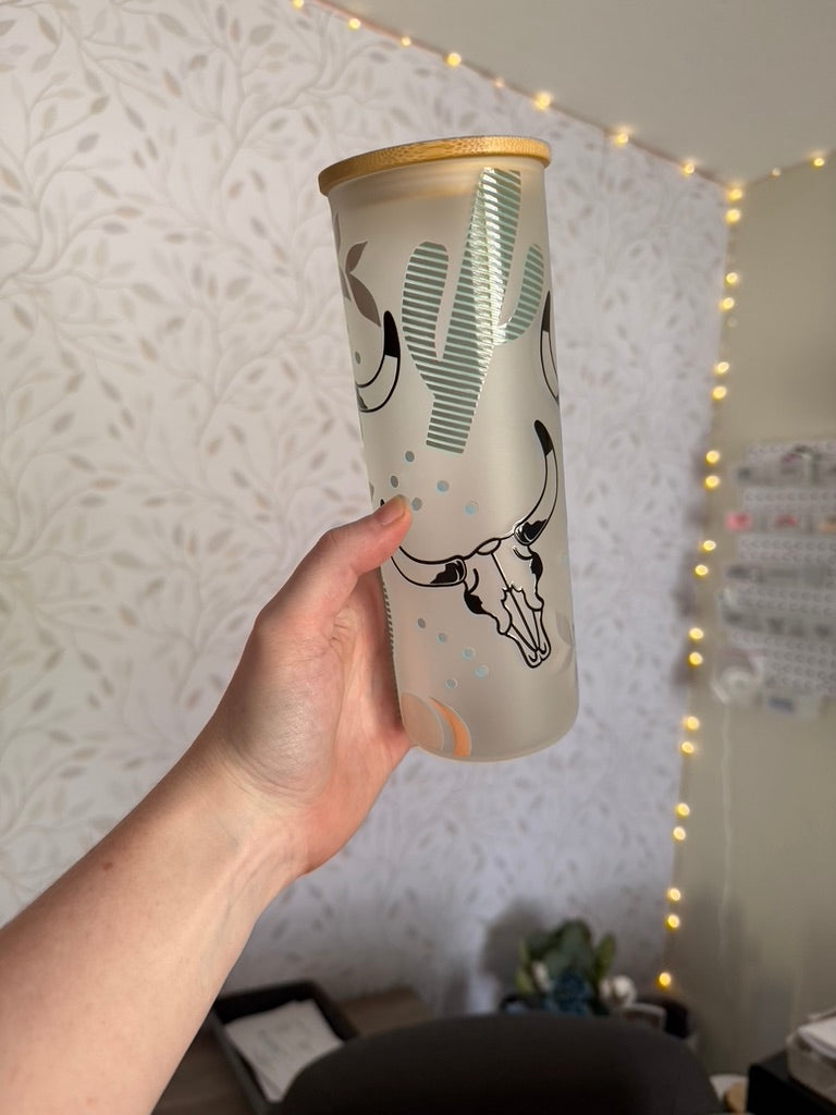 Western | UVDTF | 25oz Skinny Glass Tumbler with Bamboo Lid & Straw
