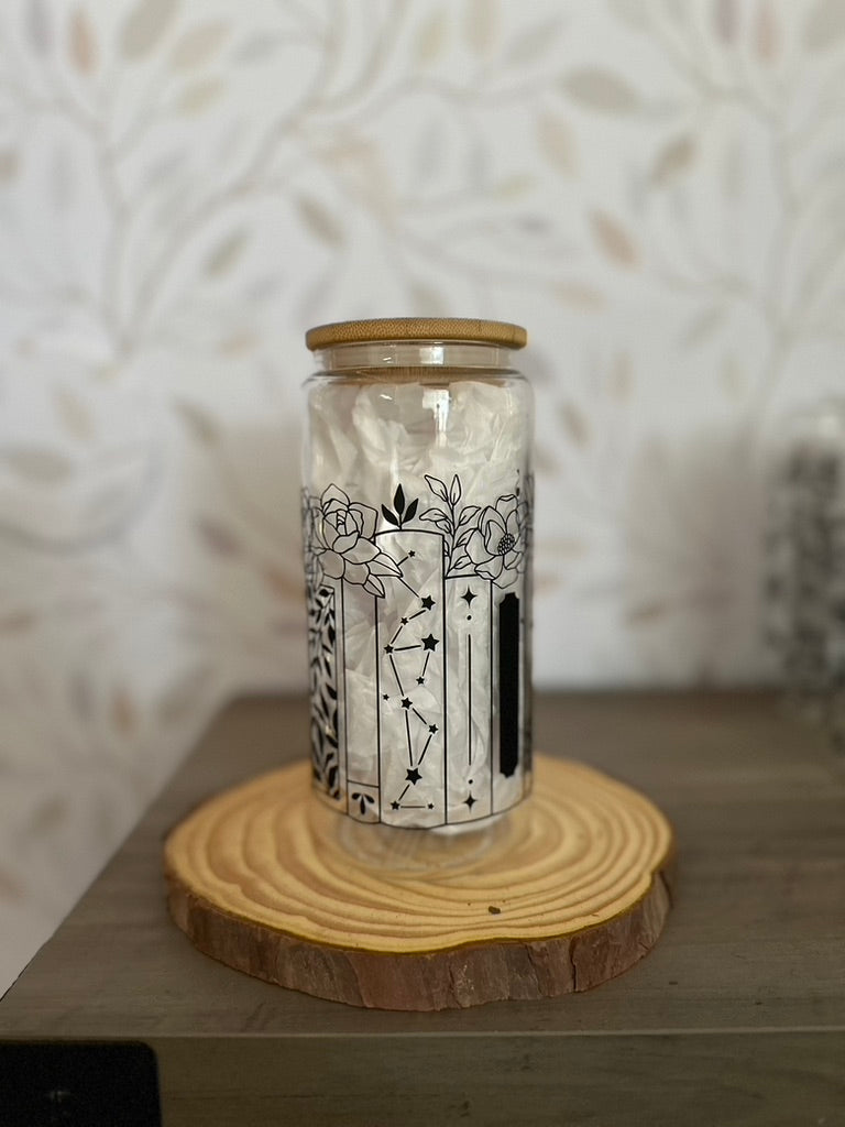 Floral Books | UVDTF | 20 oz Libbey Can Glass with Bamboo Lid & Straw