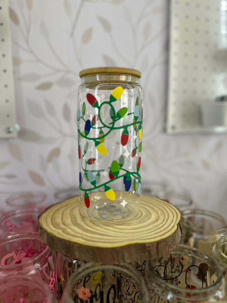 Christmas Lights | VINYL | 20 oz Libbey Can Glass with Bamboo Lid & Straw