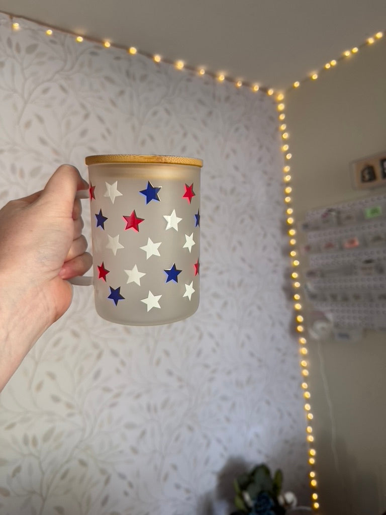 Patriotic Stars | UVDTF | 15oz Mug with Handle, Bamboo Lid & Straw