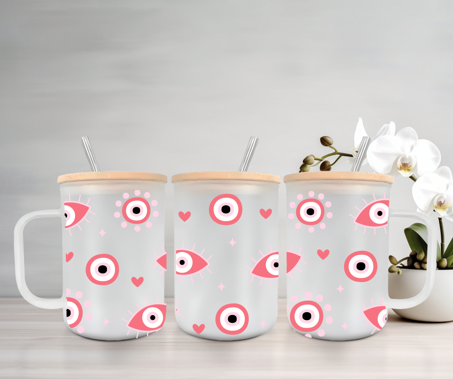 Evil Eye - Pink | UVDTF | 15oz Mug with Handle, Bamboo Lid & Straw