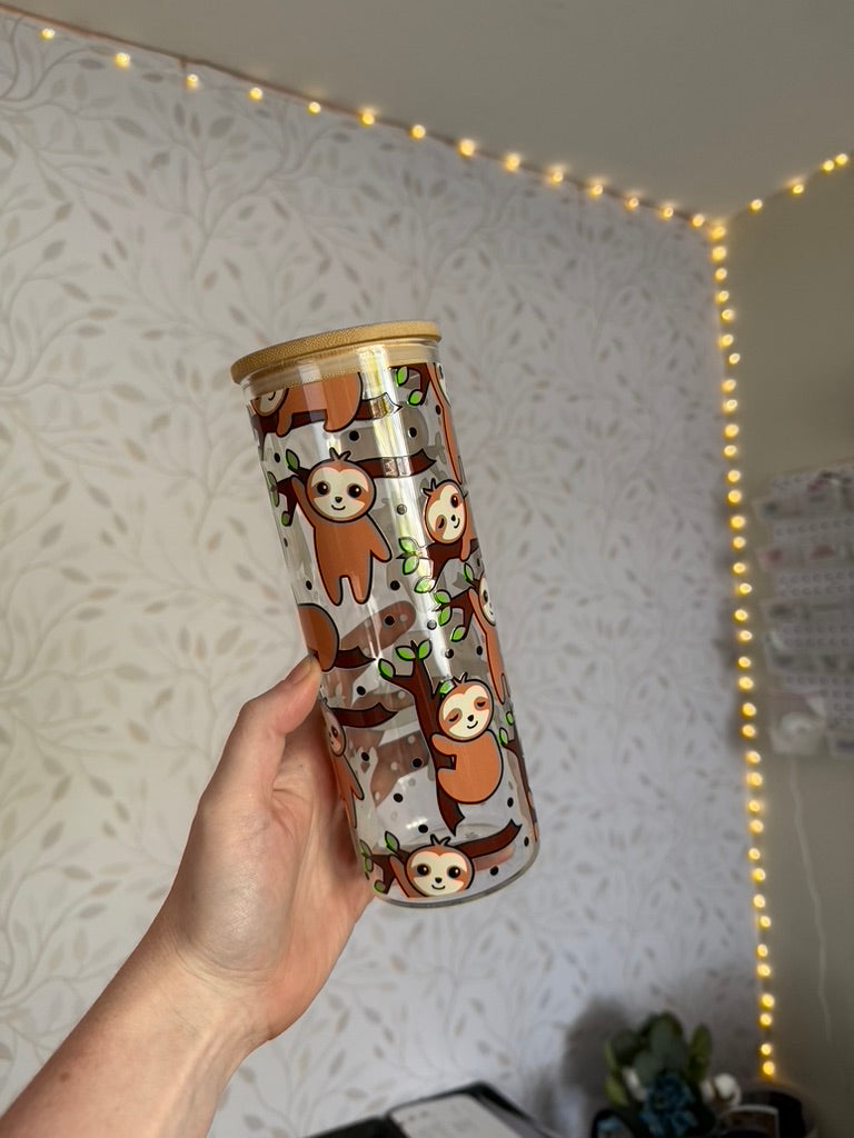 Sloths | UVDTF | 25oz Skinny Glass Tumbler with Bamboo Lid & Straw