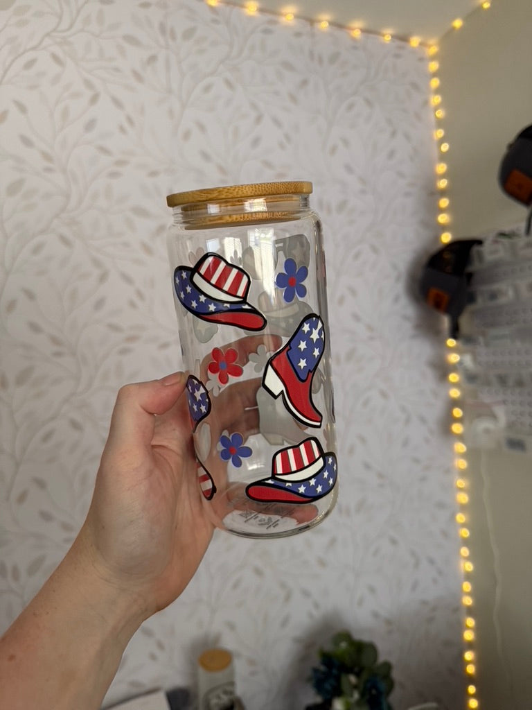 Patriotic Cowboy | UVDTF | 20 oz Libbey Can Glass with Bamboo Lid & Straw