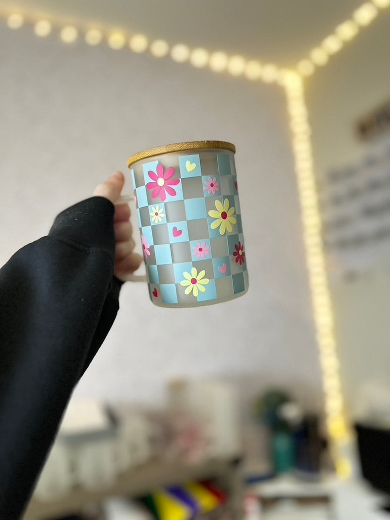 Checkered Flowers | UVDTF | 15oz Mug with Handle, Bamboo Lid & Straw