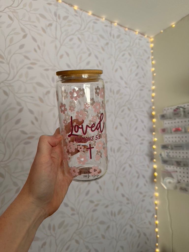 Loved - Romans 5:8 | UVDTF | 20 oz Libbey Can Glass with Bamboo Lid & Straw