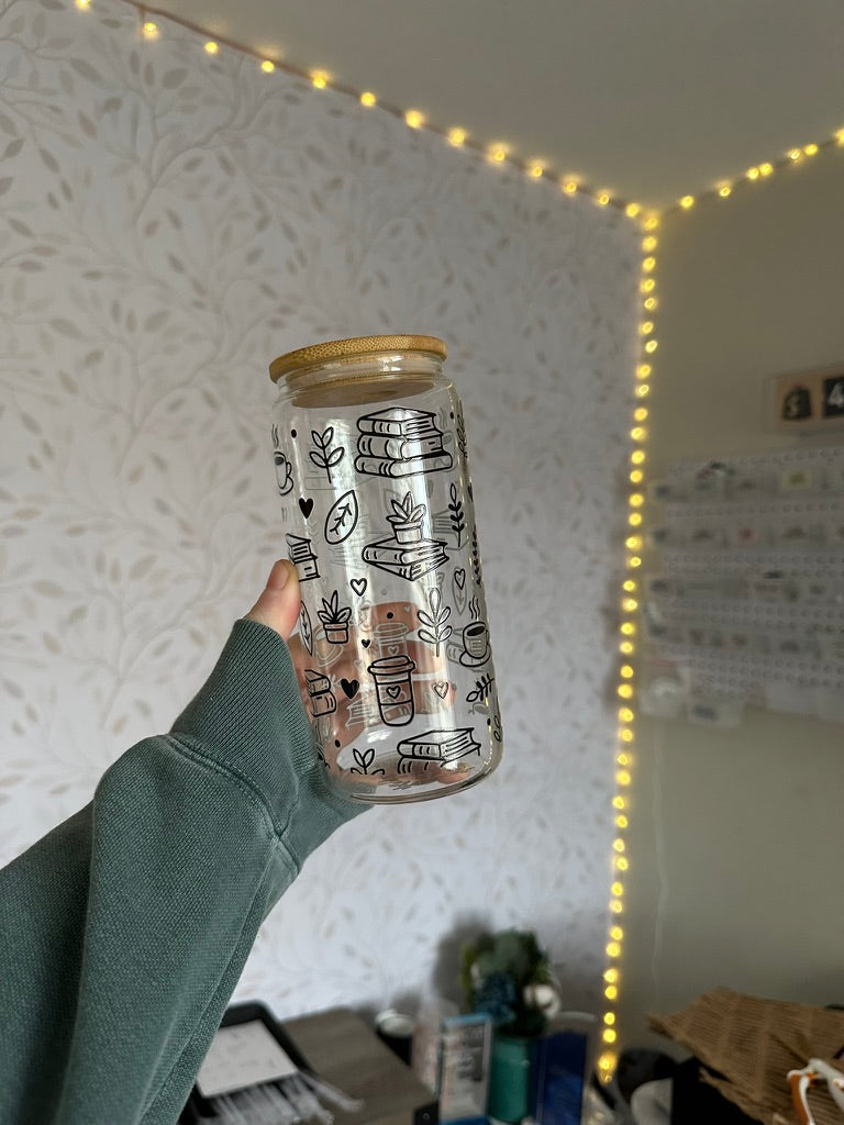 Books & Coffee | VINYL | 20 oz Libbey Can Glass with Bamboo Lid & Straw