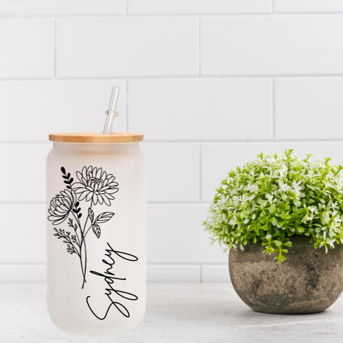 Personalized Birth Flower | UVDTF | 20 oz Libbey Can Glass with Bamboo Lid & Straw