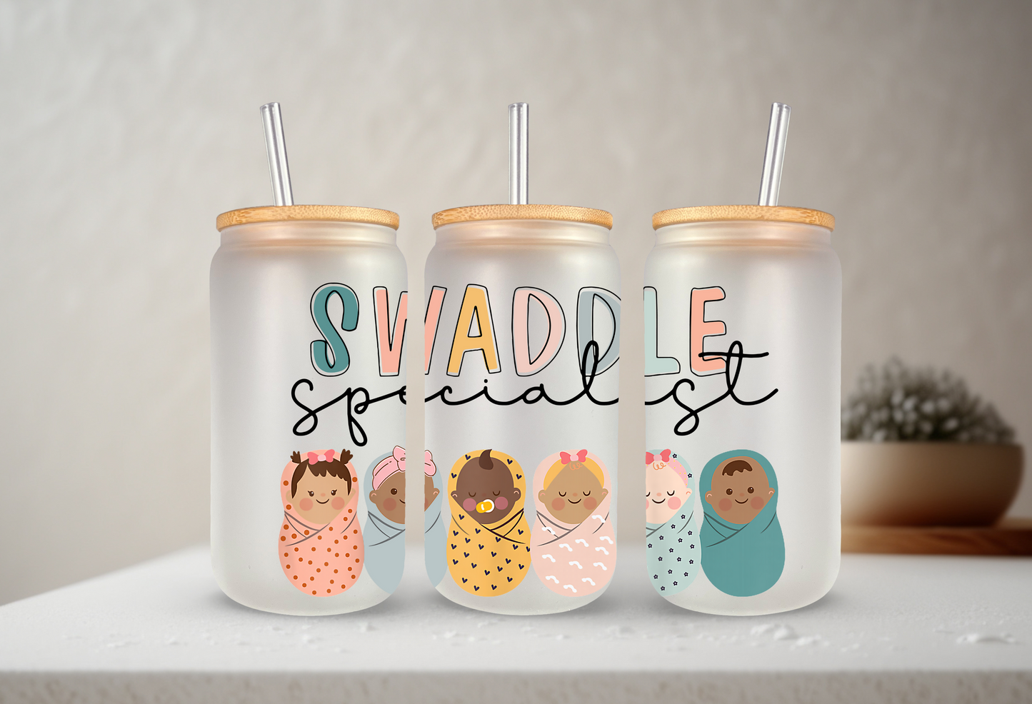 Swaddle Specialist | UVDTF | 20 oz Libbey Can Glass with Bamboo Lid & Straw