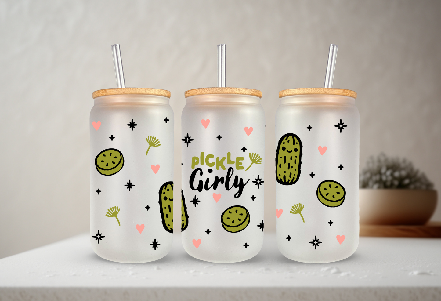 Pickle Girly | UVDTF | 20 oz Libbey Can Glass with Bamboo Lid & Straw