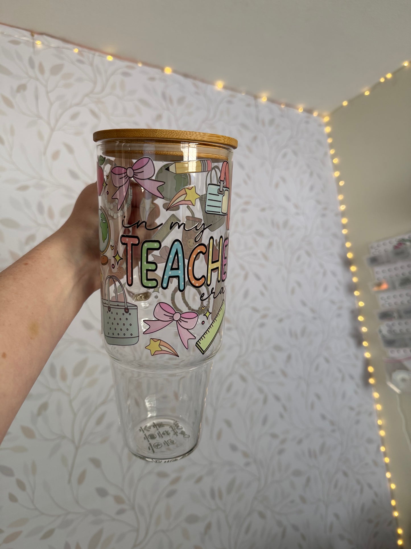 In My Teacher Era | UVDTF | 40oz Glass Tumbler with Bamboo Lid & Straw
