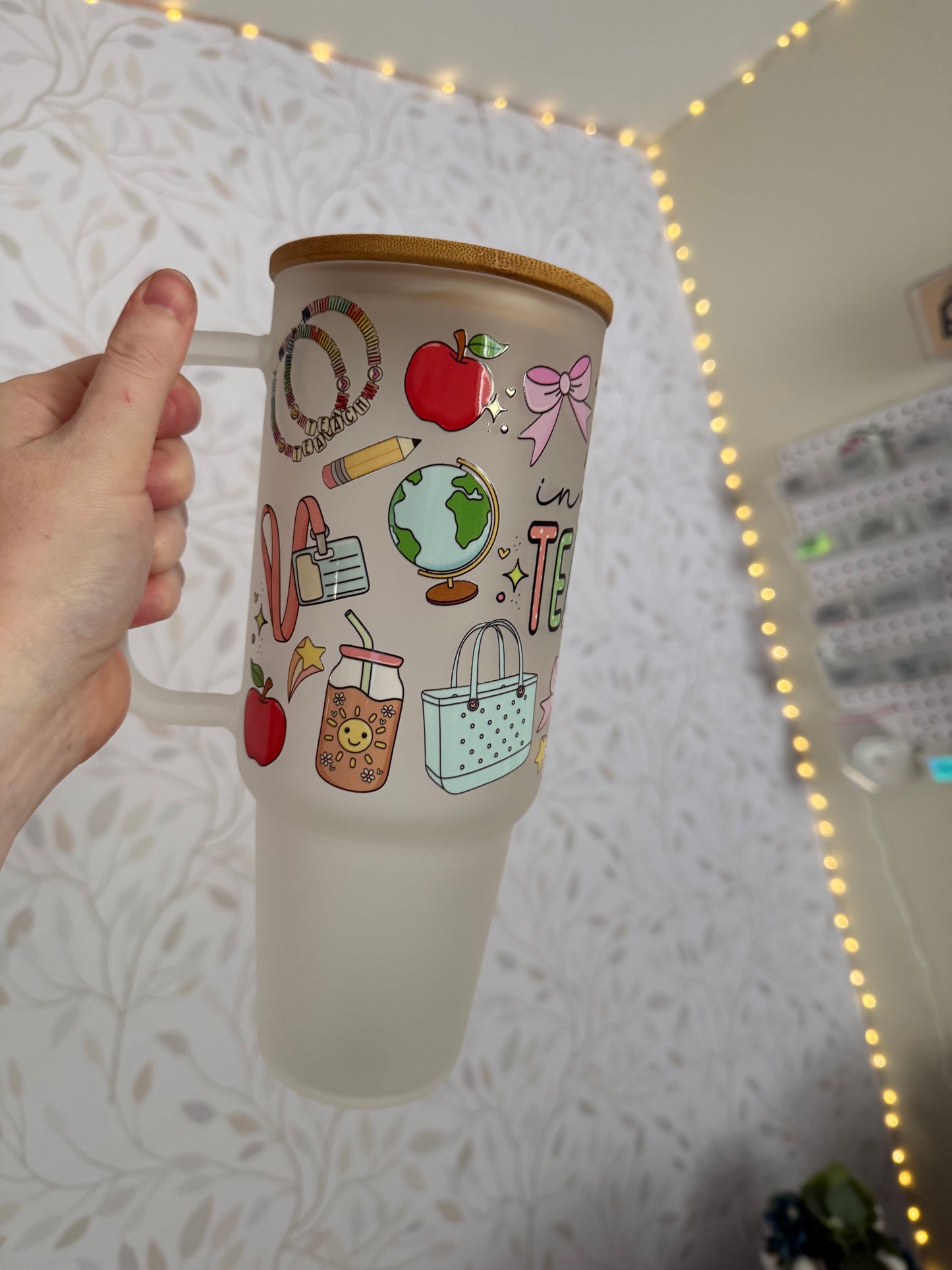 In My Teacher Era | UVDTF | 40oz Glass Tumbler with Bamboo Lid & Straw