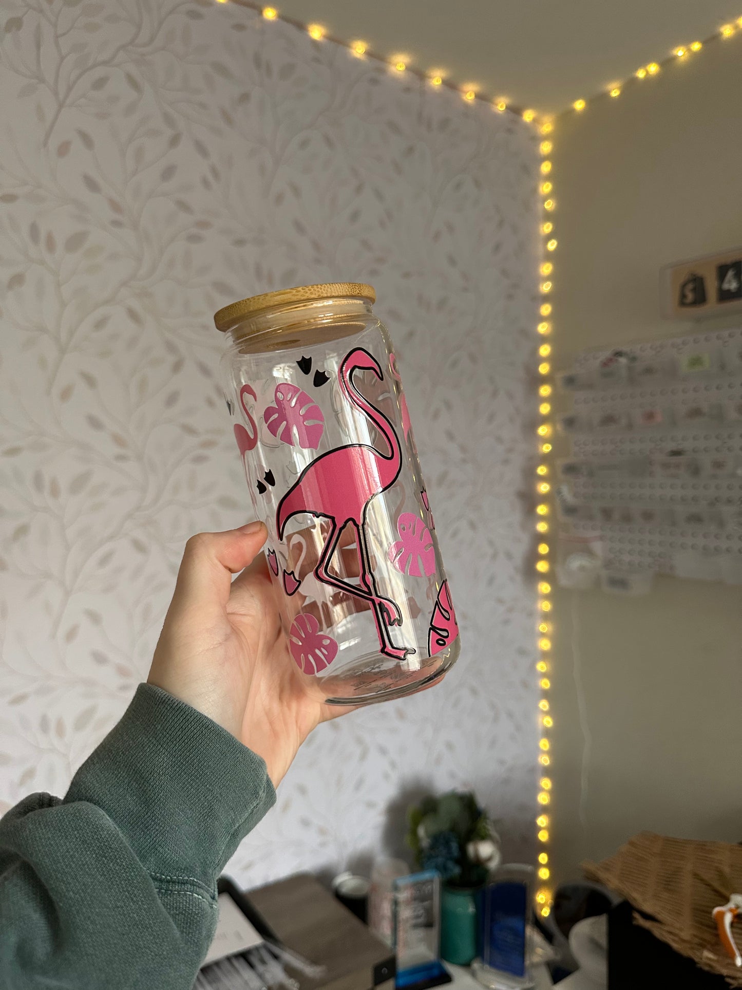 Flamingo | UVDTF | 20 oz Libbey Can Glass with Bamboo Lid & Straw