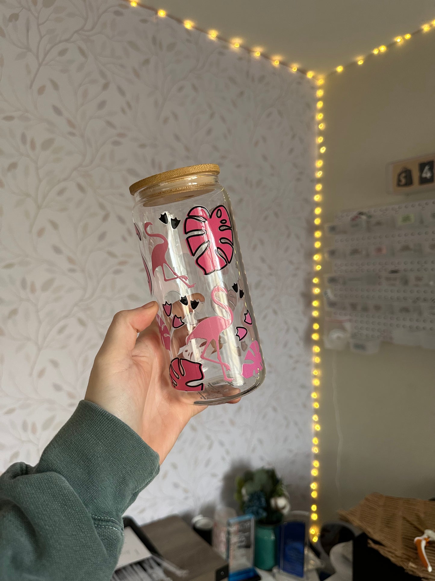Flamingo | UVDTF | 20 oz Libbey Can Glass with Bamboo Lid & Straw