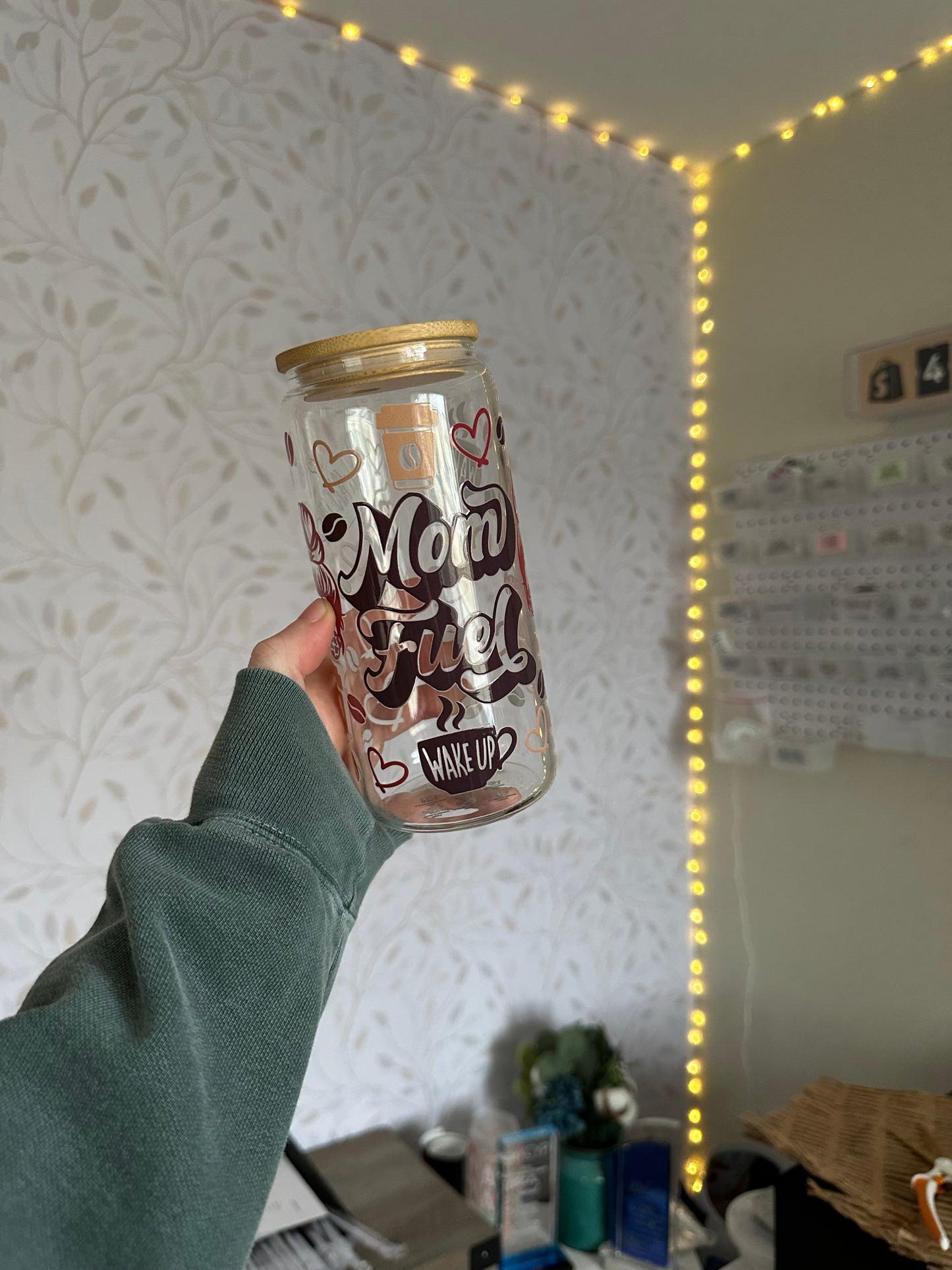 Mom Fuel - Coffee | UVDTF | 20 oz Libbey Can Glass with Bamboo Lid & Straw