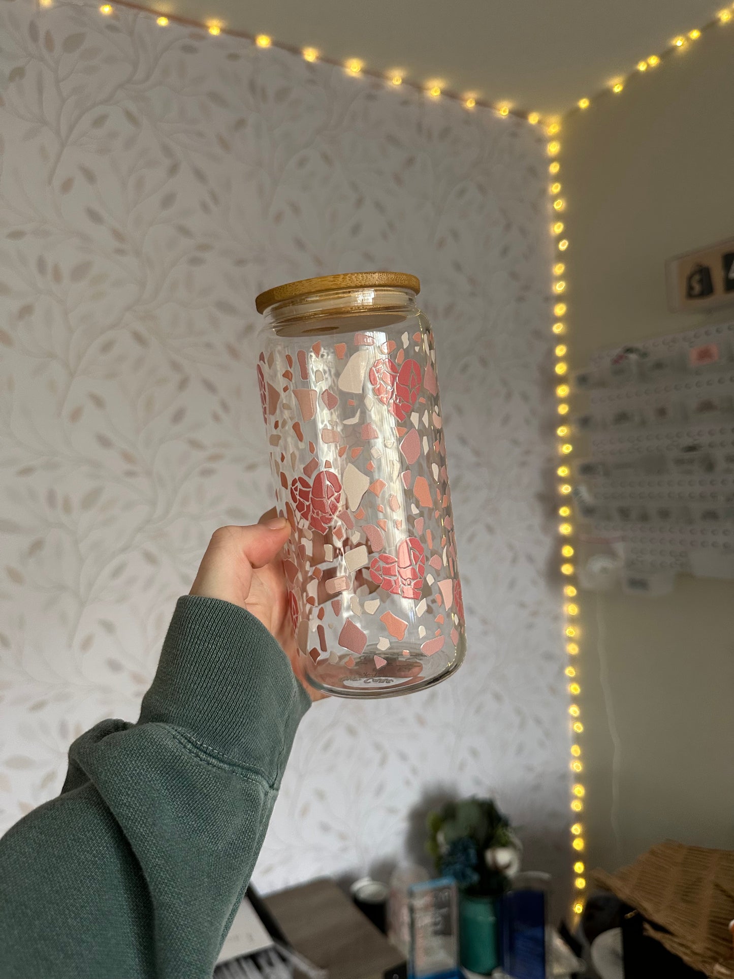 Terrazzo Hearts | UVDTF | 20 oz Libbey Can Glass with Bamboo Lid & Straw