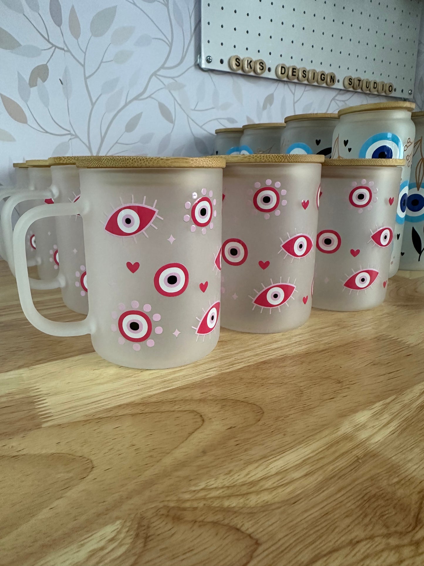 Evil Eye - Pink | UVDTF | 15oz Mug with Handle, Bamboo Lid & Straw