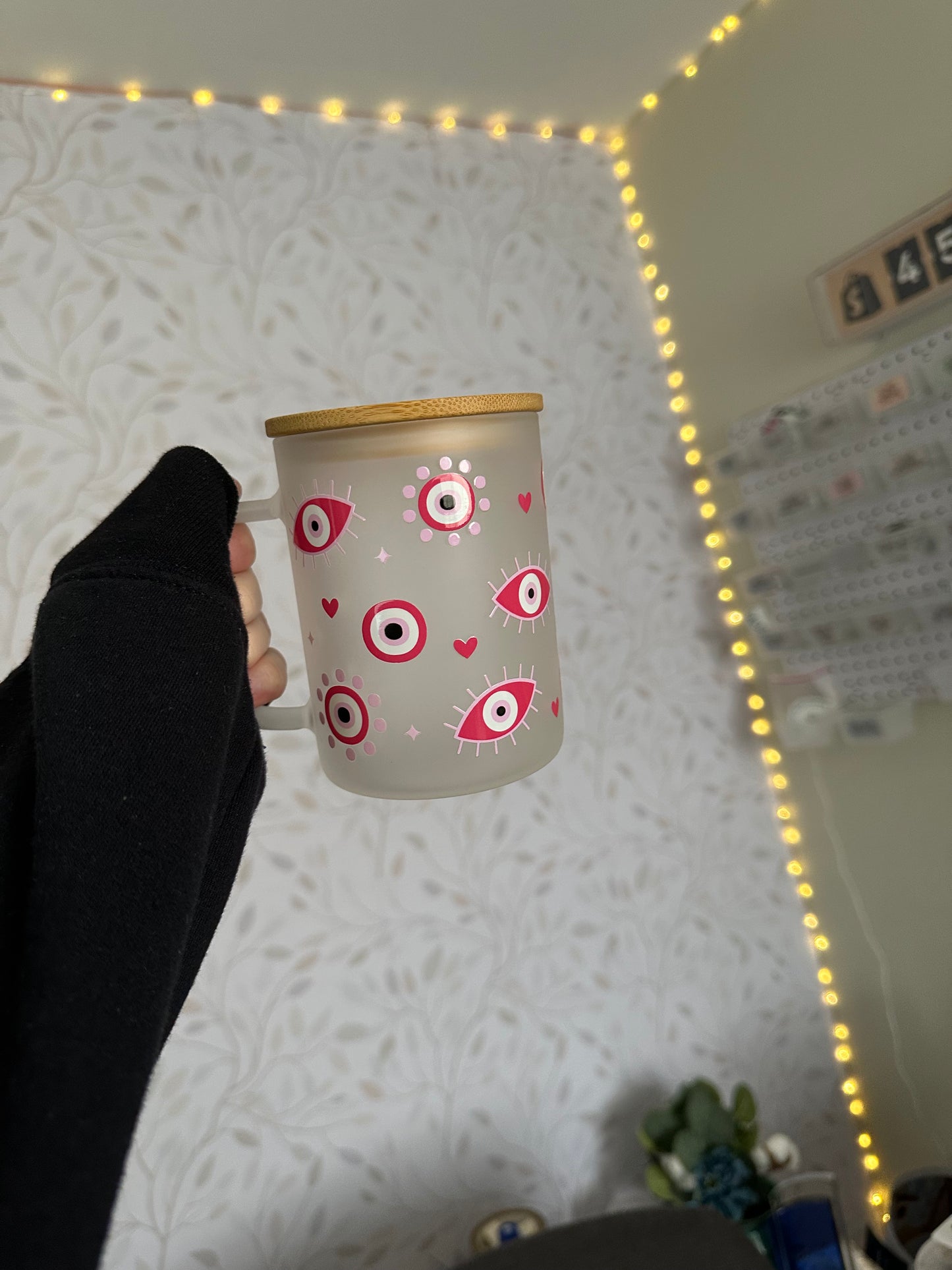Evil Eye - Pink | UVDTF | 15oz Mug with Handle, Bamboo Lid & Straw
