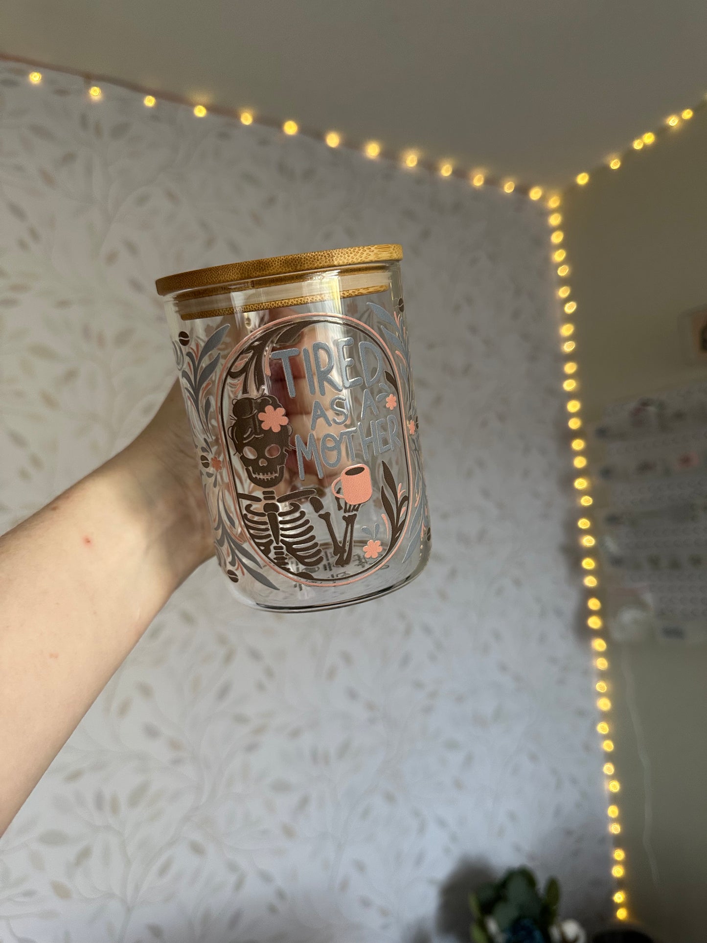 Tired As A Mother | UVDTF | 15oz Mug with Handle, Bamboo Lid & Straw