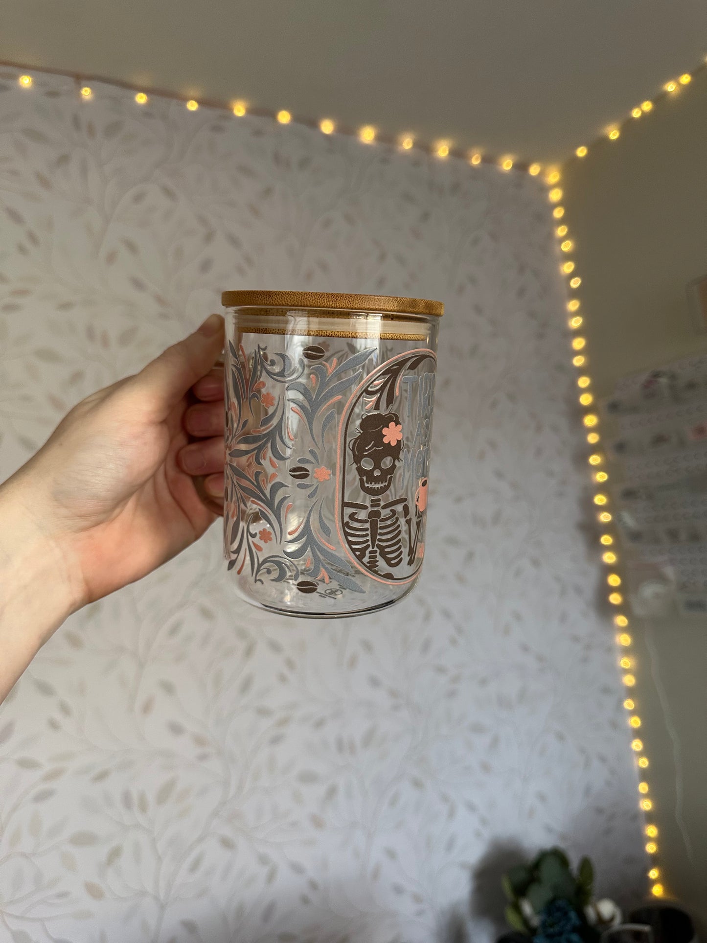 Tired As A Mother | UVDTF | 15oz Mug with Handle, Bamboo Lid & Straw