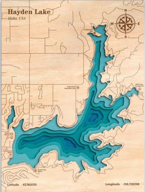Hayden Lake, Idaho | ENGRAVED & PAINTED | Topo Map