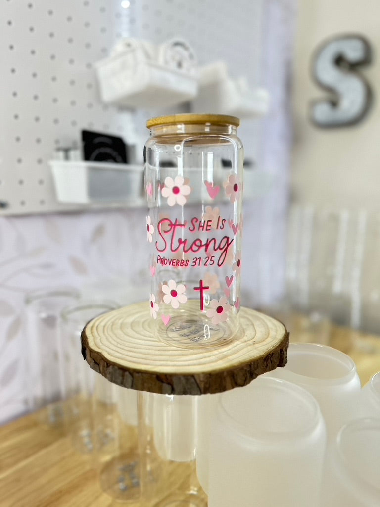 She Is Strong - Proverbs 31:25 | VINYL | 20 oz Libbey Can Glass with Bamboo Lid & Straw