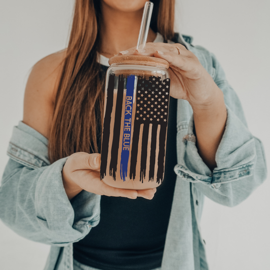 Back The Blue | UVDTF | 20 oz Libbey Can Glass with Bamboo Lid & Straw