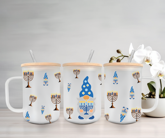 Hanukkah Gnome | UVDTF | 15oz Mug with Handle, Bamboo Lid & Straw