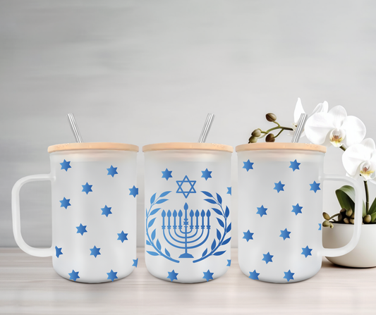 Hanukkah | UVDTF | 15oz Mug with Handle, Bamboo Lid & Straw