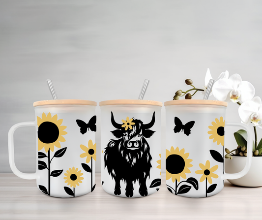 Highland Cow & Sunflowers | UVDTF | 15oz Mug with Handle, Bamboo Lid & Straw