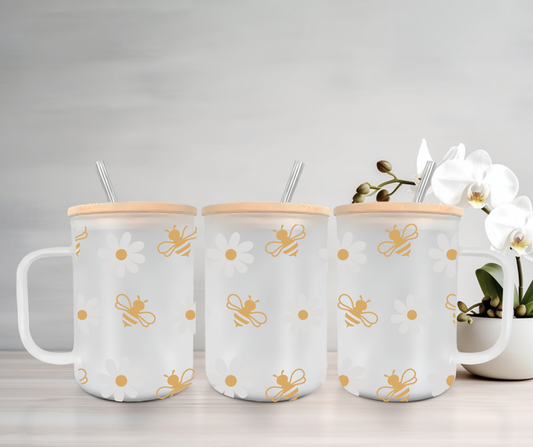 Honey Bee & Daisy | UVDTF | 15oz Mug with Handle, Bamboo Lid & Straw