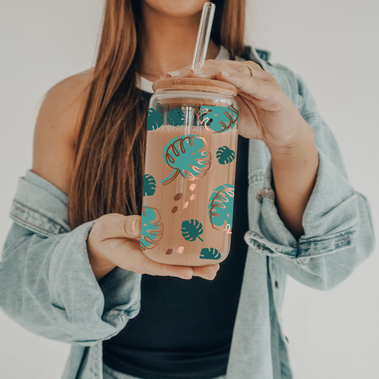 Monstera | UVDTF | 20 oz Libbey Can Glass with Bamboo Lid & Straw