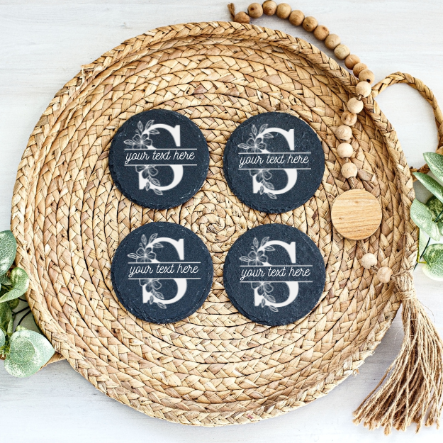 PERSONALIZED Floral Monogram | ENGRAVED | Slate Coaster [set of 4]