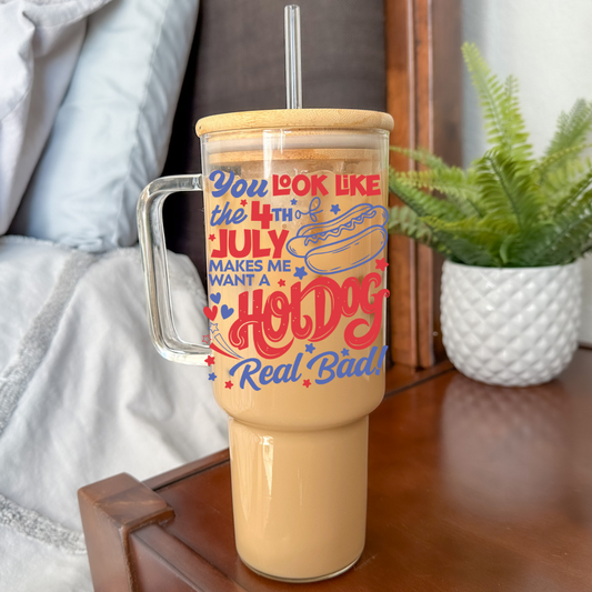 You Look Like The 4th of July | UVDTF | 40 oz Glass Tumbler with Bamboo Lid & Straw