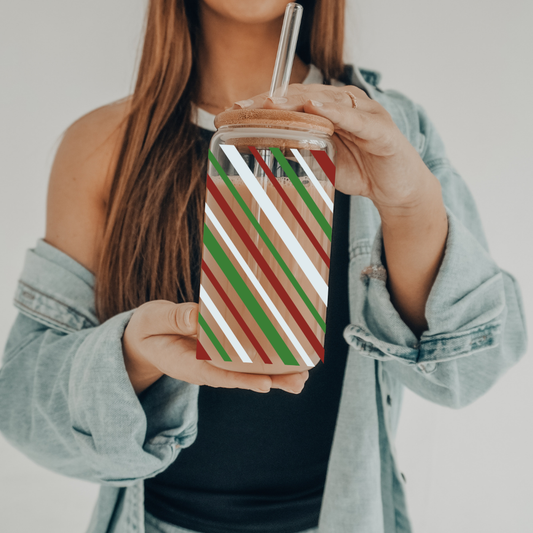 Christmas Stripes | UVDTF | 20 oz Libbey Can Glass with Bamboo Lid & Straw