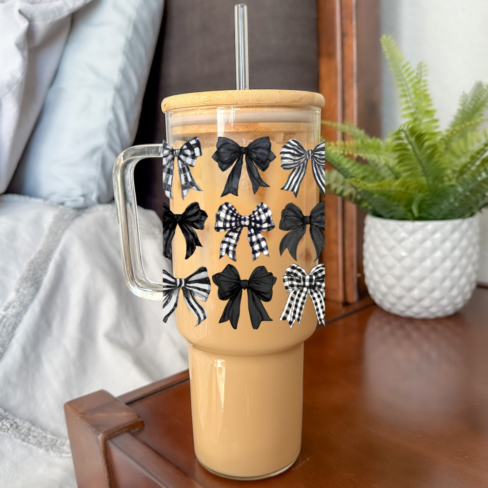 Black Check Coquette | UVDTF | 40 oz Glass Tumbler with Bamboo Lid & Straw