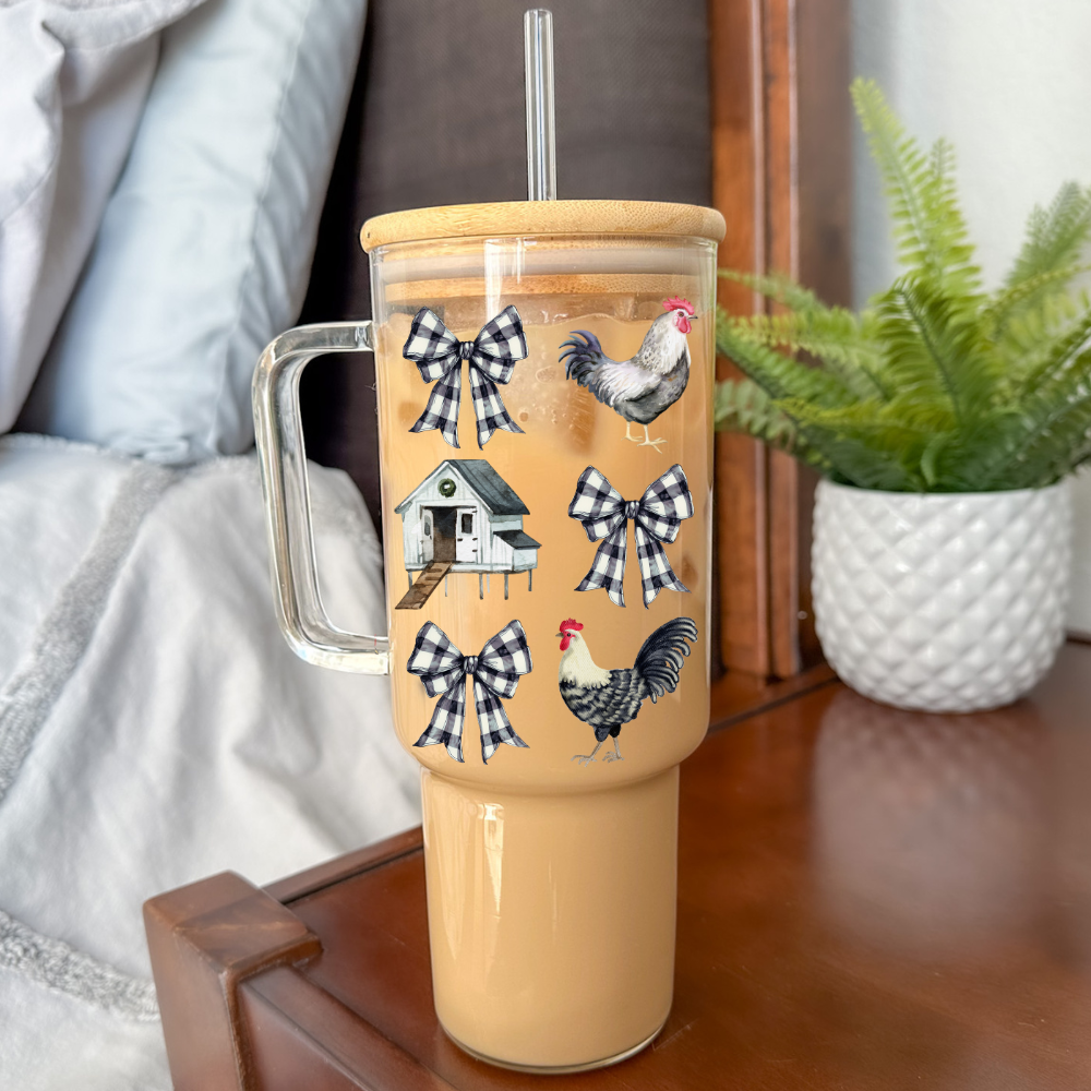 Farmhouse Coquette | UVDTF | 40 oz Glass Tumbler with Bamboo Lid & Straw