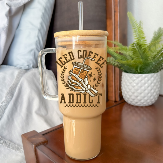 Iced Coffee Addict | UVDTF | 40 oz Glass Tumbler with Bamboo Lid & Straw