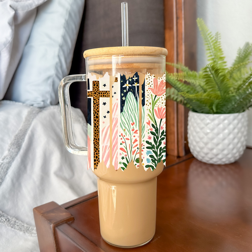 Rooted In Grace | UVDTF | 40 oz Glass Tumbler with Bamboo Lid & Straw