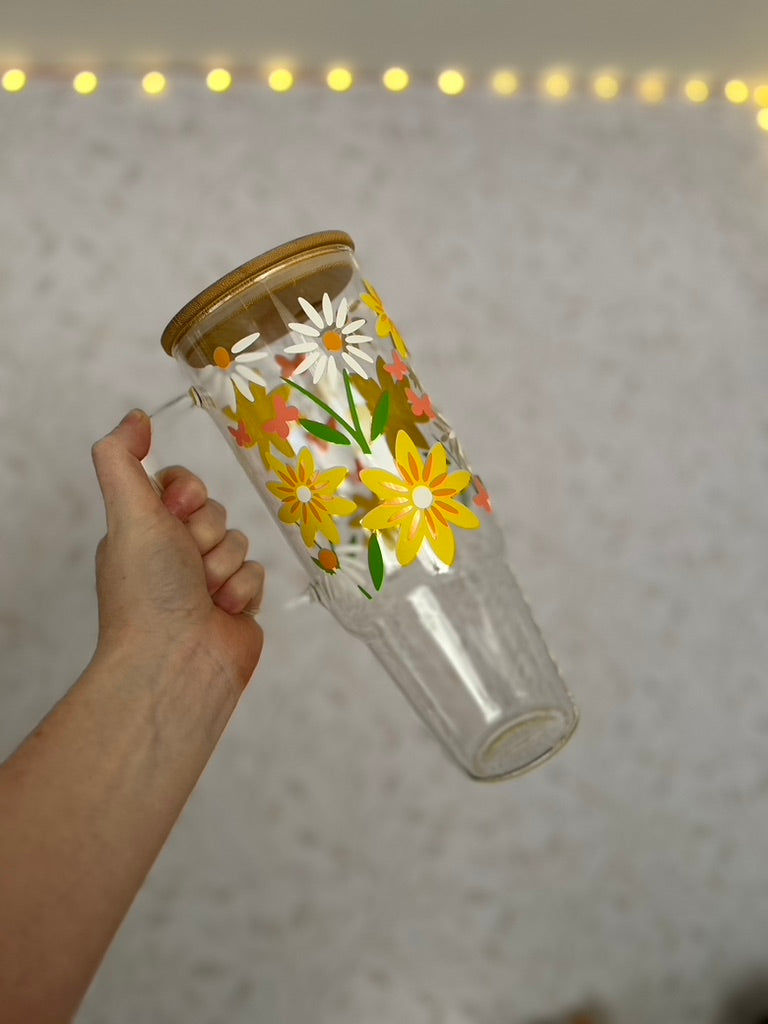 Summer Meadow | VINYL | 40 oz Clear Glass Tumbler with Bamboo Lid & Straw