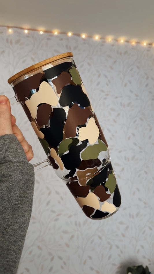 Old School Camo | VINYL | 40 oz Clear Glass Tumbler with Bamboo Lid & Straw