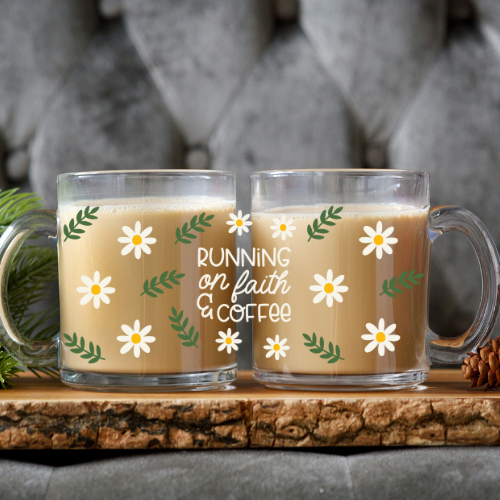 Running on Faith & Coffee | UVDTF | 12 oz Clear Coffee Mug