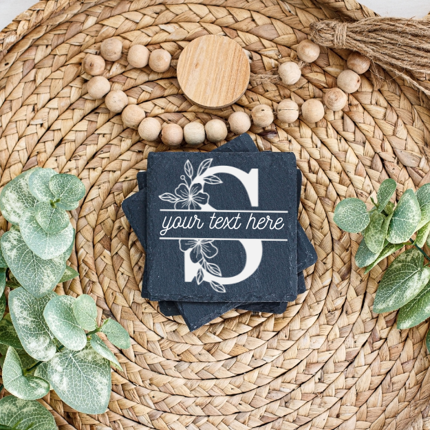 PERSONALIZED Floral Monogram | ENGRAVED | Slate Coaster [set of 4]