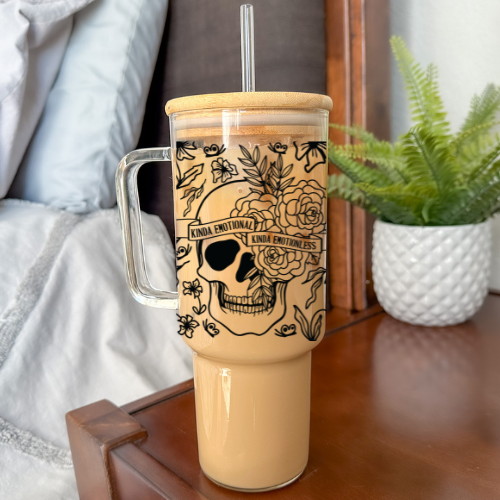 Kinda Emotional, Kinda Emotionless | VINYL | 40 oz Clear Glass Tumbler with Bamboo Lid & Straw