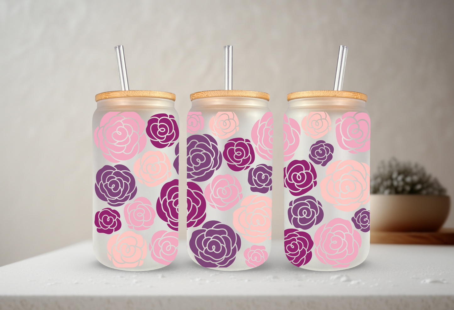 Roses | VINYL | 20 oz Libbey Can Glass with Bamboo Lid & Straw