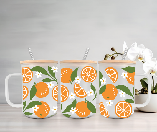 Oranges | UVDTF | 15oz Mug with Handle, Bamboo Lid & Straw