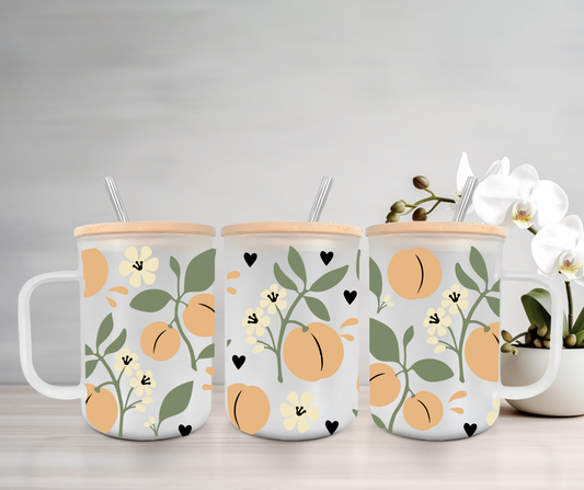 Peaches | UVDTF | 15oz Mug with Handle, Bamboo Lid & Straw