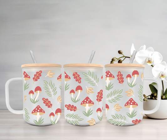 Mushrooms | UVDTF | 15oz Mug with Handle, Bamboo Lid & Straw
