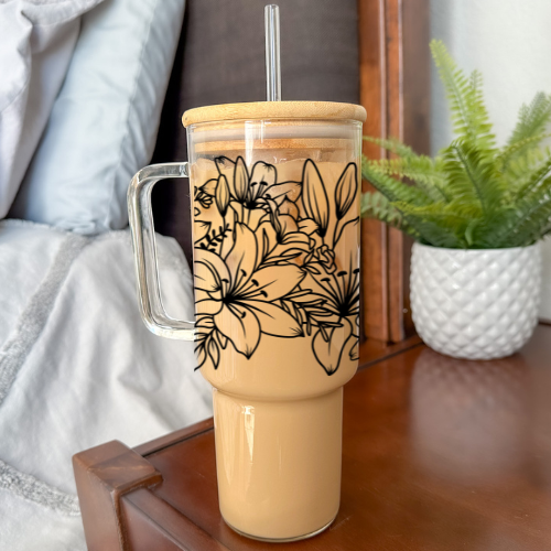 Lily | VINYL | 40 oz Clear Glass Tumbler with Bamboo Lid & Straw